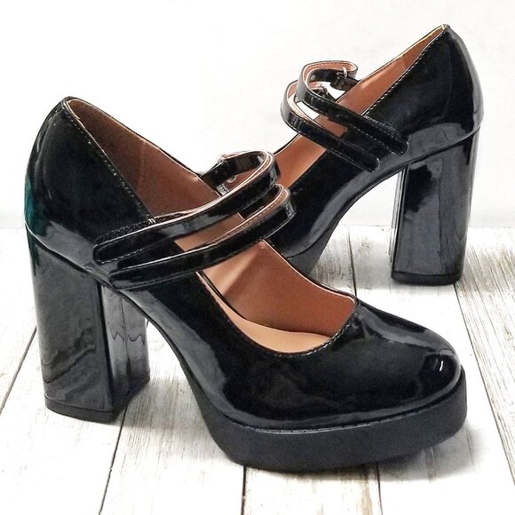 New Black Mary Jane Platform Chunky Heel Pumps - Picture 1 of 4